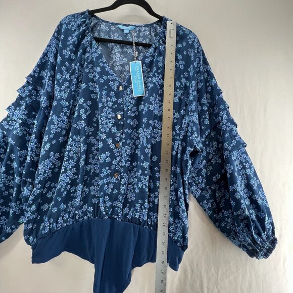 Draper James RSVP Ruffled Long Sleeve Bodysuit Size 2X Button Front Floral Blue - Picture 10 of 12